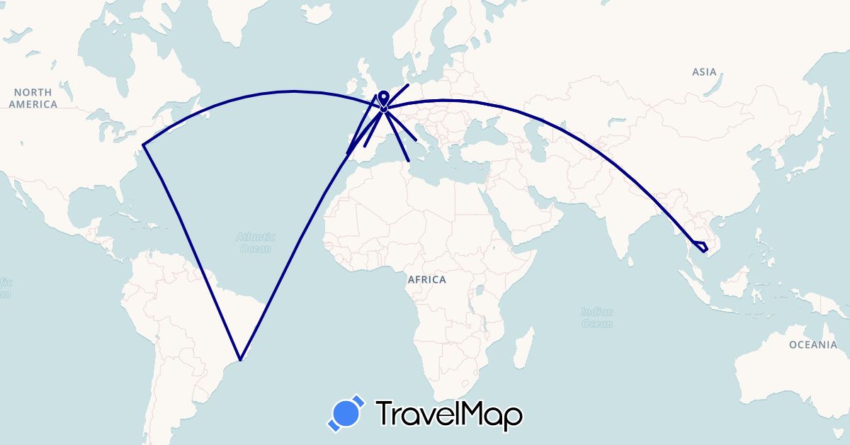 TravelMap itinerary: driving in Brazil, Germany, Spain, France, United Kingdom, Italy, Cambodia, Portugal, Thailand, Tunisia, United States (Africa, Asia, Europe, North America, South America)